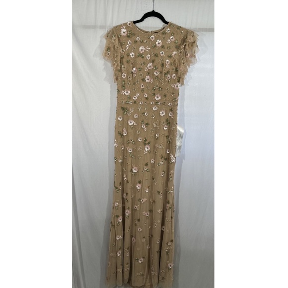 NEW $538 Mac Duggal‎ [ 6 ] Embellished High Neck Flutter Sleeve Gown Nude - Picture 8 of 14